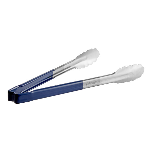 Stainless Steel Scalloped Tongs with Blue Coated Kool-Touch® Handle 12"